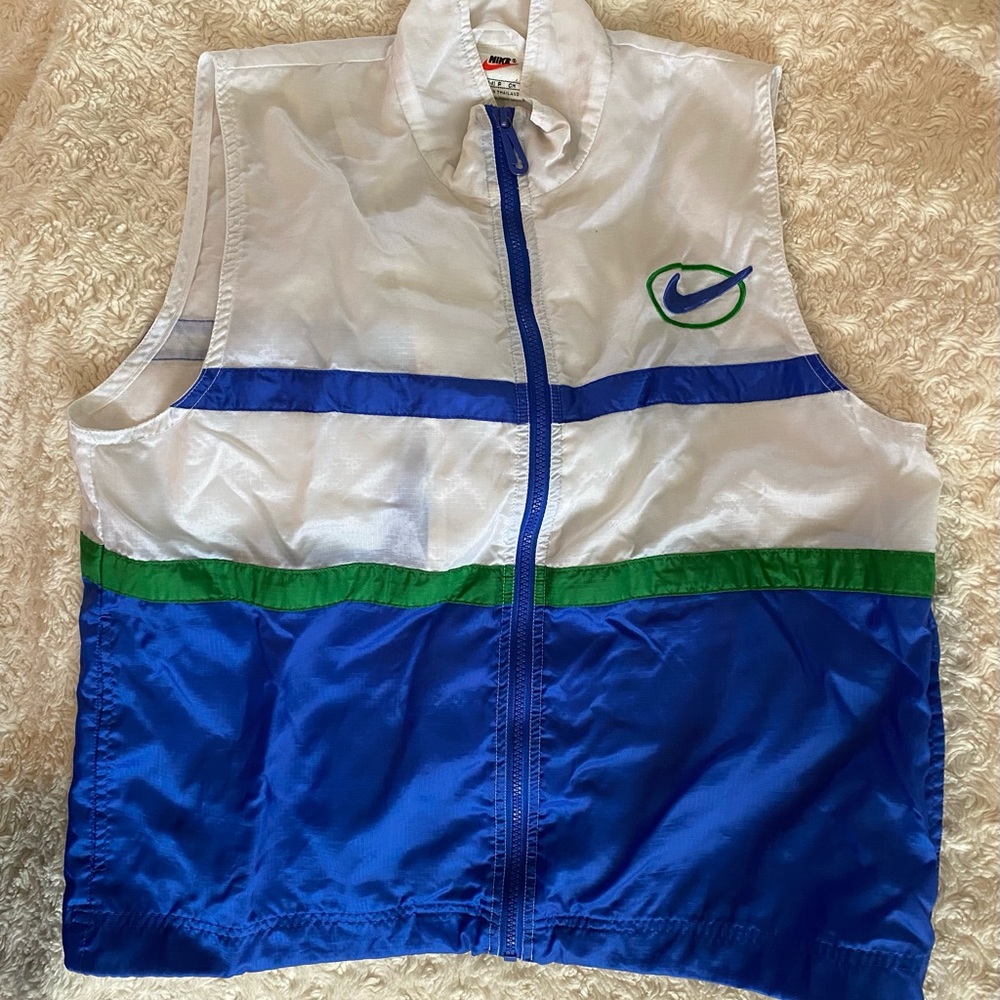 Nike custom vintage track vest windbreaker jacket. White, Blue.